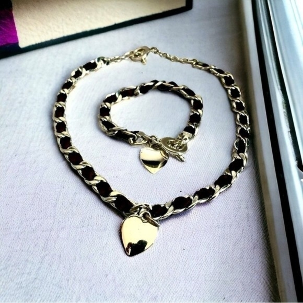 Women’s Brown Leather Silver Heart Necklace & Bracelet Jewelry Set Gift Box
